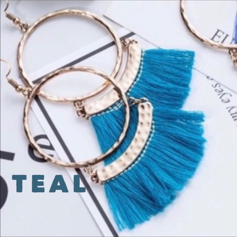 Tassel Fringe Hoop Earrings, Blue, Teal - Picture 3 of 3